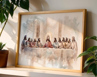 The Last Supper Wall Art – Jesus Painting Printable, Horizontal Christian Decor, Watercolor Religious Catholic Poster Digital Prints