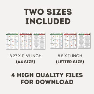 Pu&ograve; includere: Grafica per download digitale con il testo "DUE TAGLIE INCLUSE" e "4 FILE DI ALTA QUALIT&Agrave; PER IL DOWNLOAD". L'immagine mostra sei pagine di elenchi e suggerimenti dietetici, con dettagli sulle dimensioni di 21 x 29,7 cm (formato A4) e 21,6 x 27,9 cm (formato Lettera).