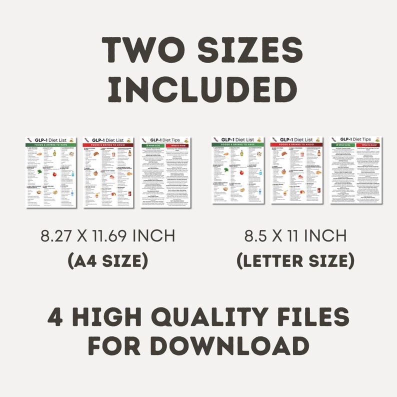 Pu&ograve; includere: Grafica per download digitale con il testo "DUE TAGLIE INCLUSE" e "4 FILE DI ALTA QUALIT&Agrave; PER IL DOWNLOAD". L'immagine mostra sei pagine di elenchi e suggerimenti dietetici, con dettagli sulle dimensioni di 21 x 29,7 cm (formato A4) e 21,6 x 27,9 cm (formato Lettera).