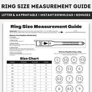 May include: Ring size measurement guide printable. Includes a size strip and size chart for US/CA, UK/AU, and Euro sizes. Instructions on how to measure ring size are included. The guide is available for instant download.