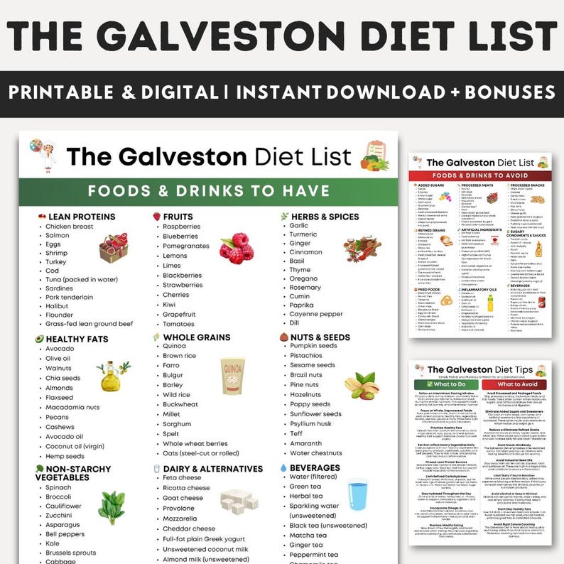 Puede incluir: Una "Lista de la Dieta Galveston" digital e imprimible con secciones de "Alimentos y bebidas para tener" y "Alimentos y bebidas para evitar". La lista incluye prote&iacute;nas magras, frutas, hierbas, especias, grasas saludables, granos integrales, nueces, semillas, l&aacute;cteos, alternativas, verduras y bebidas.