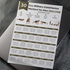 May include: A printed workout chart titled "30 Day Military Calisthenics Workout for Men CHALLENGE." The chart includes exercise diagrams for push-ups, squats, mountain climbers, plank hold, and burpees, with a beginner level schedule.