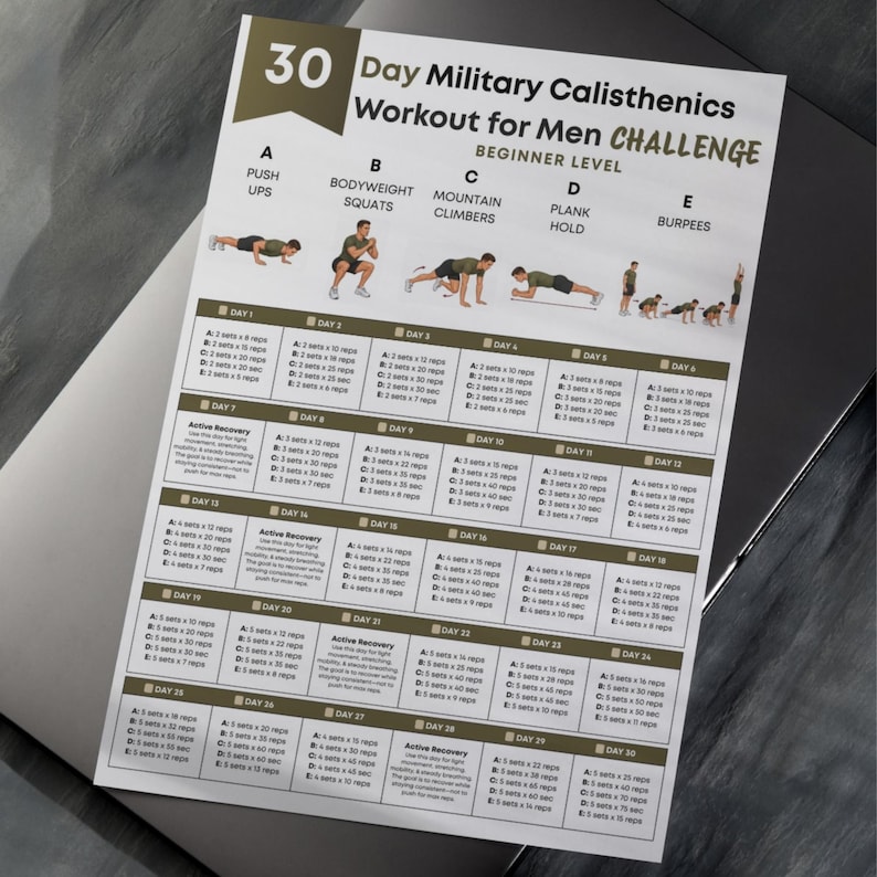 May include: A printed workout chart titled "30 Day Military Calisthenics Workout for Men CHALLENGE." The chart includes exercise diagrams for push-ups, squats, mountain climbers, plank hold, and burpees, with a beginner level schedule.