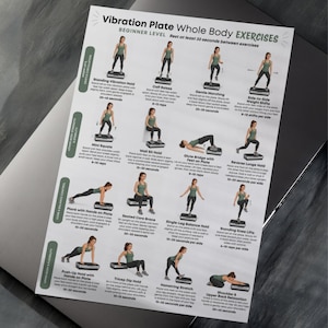 Puede incluir: Un p&oacute;ster blanco con texto negro e ilustraciones de ejercicios con una plataforma vibratoria. El p&oacute;ster incluye instrucciones para ejercicios de cuerpo completo para principiantes, como sentadillas, zancadas y planchas.