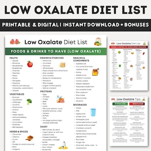 Low Oxalate Diet Food List, Kidney Stone Diet Chart, Low & High Oxalate Foods, Kidney Health Diet Printable Grocery List, Hyperoxaluria Diet