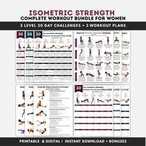Könnte beinhalten: Isometrisches Krafttrainings-Workout-Bundle für Frauen. Das Bild zeigt Trainingspläne mit 30-Tage-Challenges und Übungsanweisungen. Der Text enthält "Druckbar & Digital | Sofort-Download + Boni."