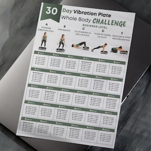 May include: A 30-day vibration plate whole body challenge chart for beginners. The document features five exercise illustrations labeled A through E, including standing vibration hold, mini squats, glute bridge, plank, and shoulder relaxation, with a daily schedule.