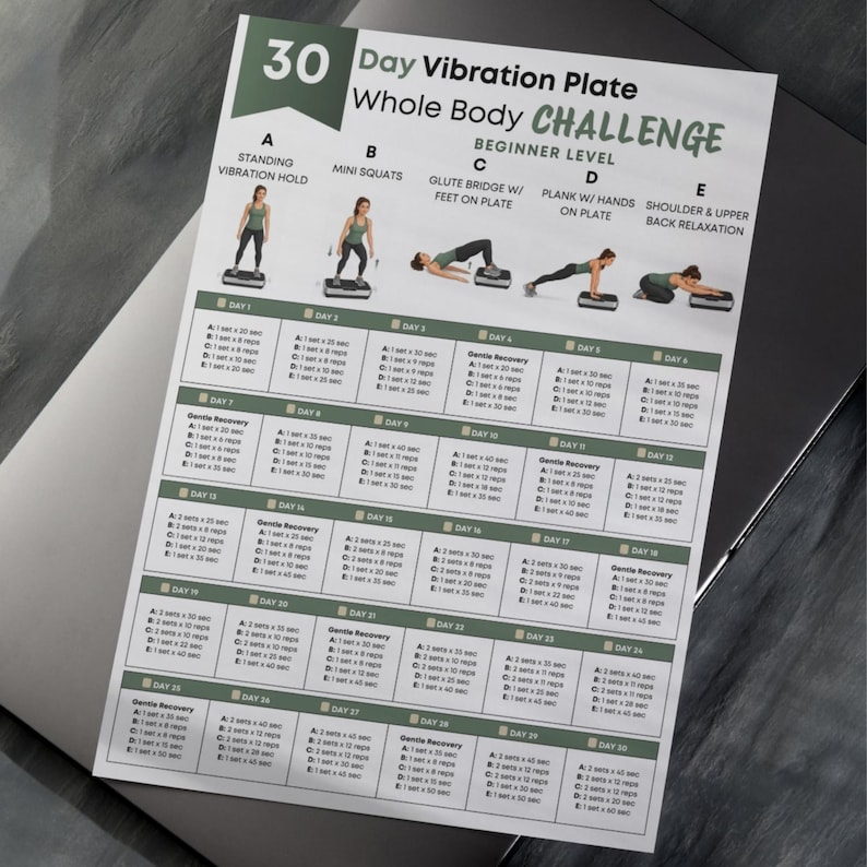 May include: A 30-day vibration plate whole body challenge chart for beginners. The document features five exercise illustrations labeled A through E, including standing vibration hold, mini squats, glute bridge, plank, and shoulder relaxation, with a daily schedule.