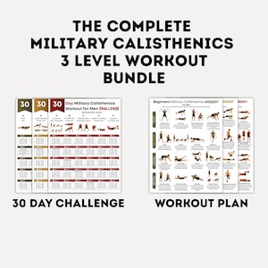 May include: A fitness bundle with the text "THE COMPLETE MILITARY CALISTHENICS 3 LEVEL WORKOUT BUNDLE". It includes a 30-day challenge chart and a workout plan chart. The 30-day chart is for men and the workout plan is for beginners.