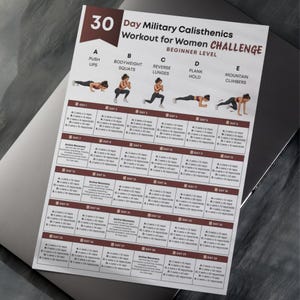 Może przedstawiać: Wydrukowana tabela treningowa zatytułowana "30 Day Military Calisthenics Workout for Women Challenge". Tabela zawiera ćwiczenia takie jak pompki, przysiady, wykroki, plank hold i wspinacze g&oacute;rscy.