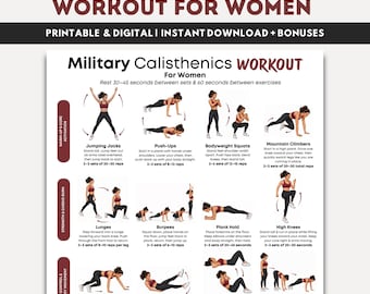 Può includere: Una guida di allenamento stampabile intitolata "Military Calisthenics Workout for Women". Presenta esercizi illustrati come jumping jacks, flessioni e affondi. La guida include istruzioni per ogni esercizio, serie e ripetizioni.