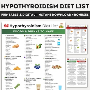May include: A digital and printable Hypothyroidism Diet List, detailing foods and drinks to include and avoid. The list features sections on proteins, healthy fats, dairy, fruits, herbs, spices, and beverages, with added bonuses.