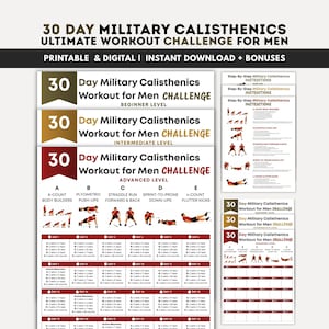 Op de afbeelding: Een afdrukbare 30-daagse militaire calisthenics workout challenge voor mannen. Het ontwerp omvat beginner, intermediate en advanced niveaus. Het trainingsplan omvat bodybuilders, push-ups en flutter kicks. De tekst luidt "Printable & Digital | Direct downloaden + Bonussen."