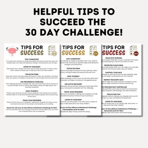 May include: A poster with the text "Helpful Tips to Succeed the 30 Day Challenge!" and three panels offering advice for a 30-day military calisthenics challenge. The panels provide tips on consistency, form, and recovery.