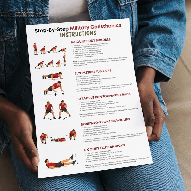 May include: A white sheet of paper titled "Step-By-Step Military Calisthenics INSTRUCTIONS" is held. It contains illustrated instructions for exercises like body builders, push-ups, and flutter kicks, designed for fitness training.