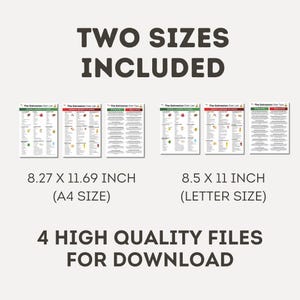 Puede incluir: Descarga digital con seis p&aacute;ginas imprimibles con listas y consejos de dieta. Incluye dos tama&ntilde;os: 21 x 29,7 cm (A4) y 21,6 x 27,9 cm (Carta). El texto dice "TWO SIZES INCLUDED" y "4 HIGH QUALITY FILES FOR DOWNLOAD".