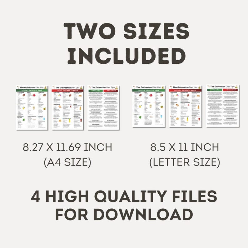Puede incluir: Descarga digital con seis p&aacute;ginas imprimibles con listas y consejos de dieta. Incluye dos tama&ntilde;os: 21 x 29,7 cm (A4) y 21,6 x 27,9 cm (Carta). El texto dice "TWO SIZES INCLUDED" y "4 HIGH QUALITY FILES FOR DOWNLOAD".