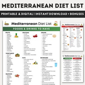 Mediterranean Diet Food List Printable, Mediterranean Diet Grocery List, Heart Healthy Diet Guide, Weight Loss Food List, Healthy Foods List