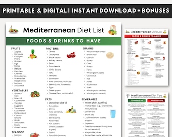 Mediterranean Diet Food List Printable, Mediterranean Diet Grocery List, Heart Healthy Diet Guide, Weight Loss Food List, Healthy Foods List