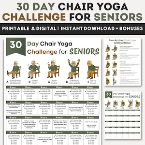 30 Day Chair Yoga Challenge Workout Chart for Seniors, Seated Chair Elderly Workout Routine, Printable Beginner Home Exercise Chair Routine