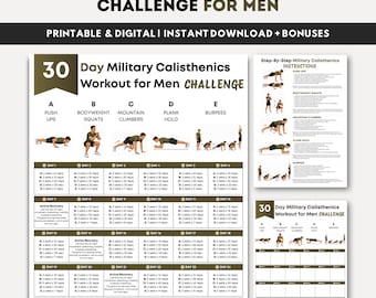 30 Day Military Calisthenics Challenge for Men, Printable Bodyweight Workout Plan, Full Body Bootcamp Fitness Exercise, Digital Download PDF