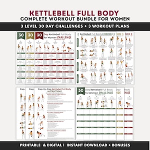 Könnte beinhalten: Ein digitales Trainingspaket mit Kettlebell-Übungsplänen, 30-Tage-Challenge-Kalendern und Schritt-für-Schritt-Anleitungen. Die Dokumente enthalten den Text Kettlebell Full Body Complete Workout Bundle for Women, 3 Level 30 Day Challenges und 3 Workout Plans mit Illustrationen verschiedener Fitnessübungen.