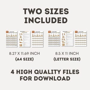 May include: A beige graphic with the text "TWO SIZES INCLUDED" and "4 HIGH QUALITY FILES FOR DOWNLOAD". It features several printouts with exercise instructions. The printouts are available in 8.27 x 11.69 inch (A4 size) and 8.5 x 11 inch (Letter size).