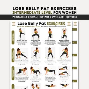 Peut inclure: Une fiche d'exercices imprimable intitulée Lose Belly Fat Exercises Intermediate Level. Elle présente douze illustrations d'une personne en débardeur vert et legging noir effectuant divers mouvements de fitness avec des instructions et répétitions.