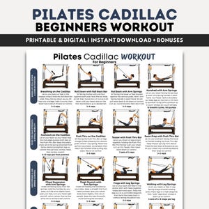 May include: Printable Pilates Cadillac workout guide for beginners. Includes exercises like breathing on the Cadillac, roll down with roll back bar, and hundred with arm springs. Features text and illustrations.