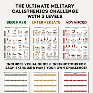 May include: A fitness guide with three levels: Beginner, Intermediate, and Advanced. Each level features a workout chart with illustrated exercises. The text reads "The Ultimate Military Calisthenics Challenge" and "Includes Visual Guide & Instructions".