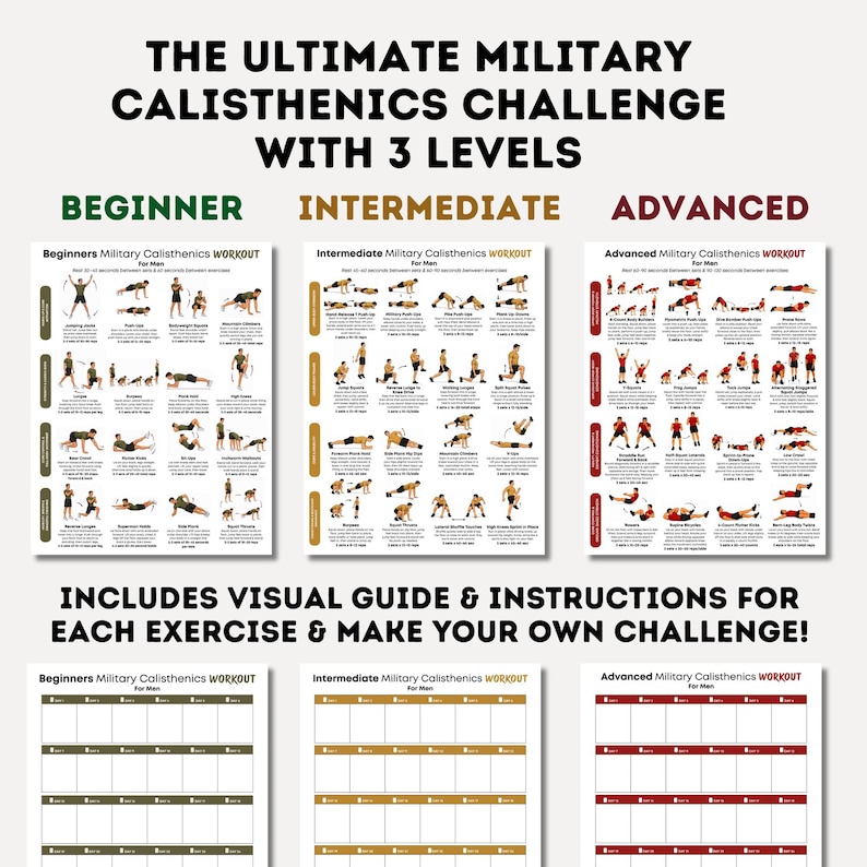 May include: A fitness guide with three levels: Beginner, Intermediate, and Advanced. Each level features a workout chart with illustrated exercises. The text reads "The Ultimate Military Calisthenics Challenge" and "Includes Visual Guide & Instructions".