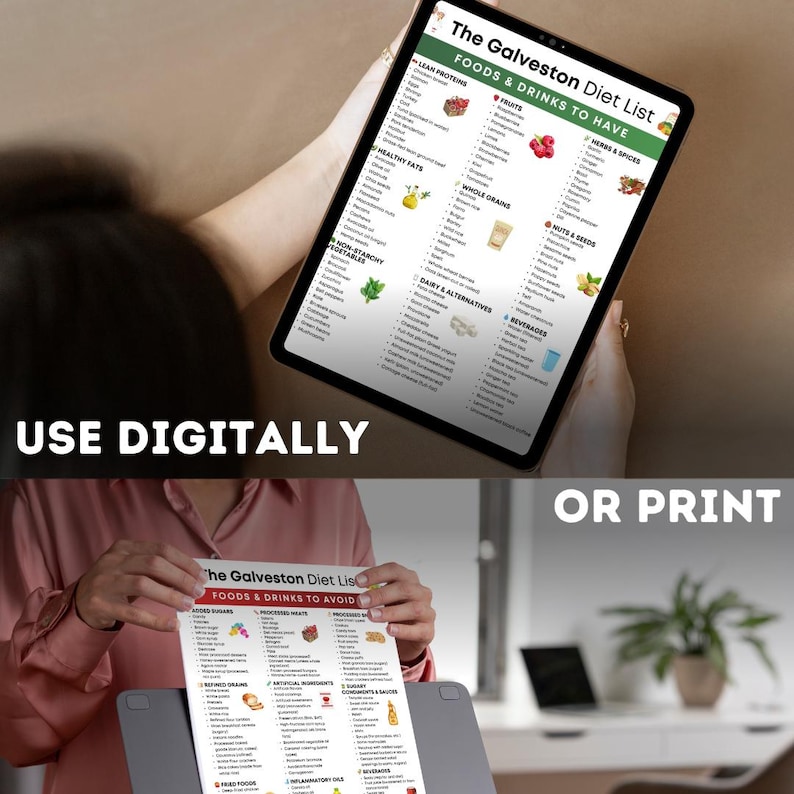 Puede incluir: Una tableta digital y papel impreso que muestra "The Galveston Diet List" con recomendaciones de alimentos y bebidas. La tableta muestra la lista en formato digital, mientras que la versi&oacute;n en papel se est&aacute; imprimiendo. El texto "USE DIGITALLY" y "OR PRINT" tambi&eacute;n son visibles.