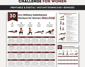 30-dniowe wyzwanie kalisteniczne dla kobiet w wojsku, plan treningowy z masą ciała do druku, trening całego ciała Bootcamp Fitness, cyfrowy plik PDF do pobrania