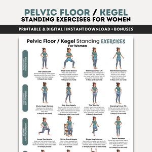 Pelvic Floor Kegel Standing Exercises for Women Printable, Pelvic Health & Bladder Control Home Workout Chart, Postpartum Exercise Guide PDF