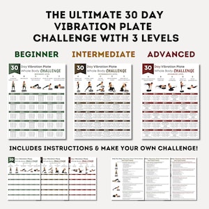 May include: A 30-day vibration plate whole body challenge chart featuring three levels: beginner, intermediate, and advanced. The document includes exercise illustrations, daily schedules, instructions, and a blank template for creating a custom routine.