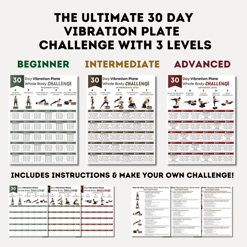 May include: A 30-day vibration plate whole body challenge chart featuring three levels: beginner, intermediate, and advanced. The document includes exercise illustrations, daily schedules, instructions, and a blank template for creating a custom routine.