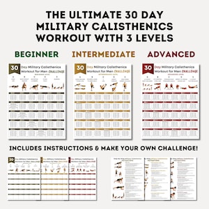 May include: A series of workout charts for a 30-day military calisthenics challenge, with beginner, intermediate, and advanced levels. The charts include exercise diagrams and instructions. The text reads "The Ultimate 30 Day Military Calisthenics Workout with 3 Levels."