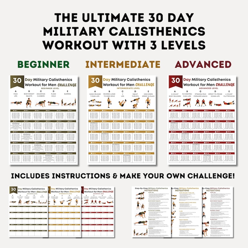 May include: A series of workout charts for a 30-day military calisthenics challenge, with beginner, intermediate, and advanced levels. The charts include exercise diagrams and instructions. The text reads "The Ultimate 30 Day Military Calisthenics Workout with 3 Levels."