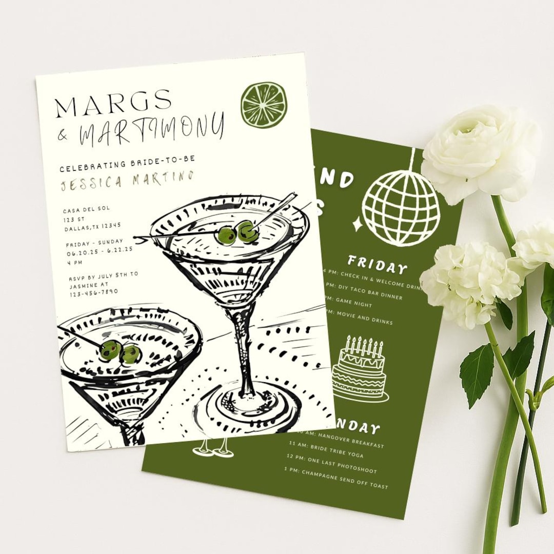 Margs and Matrimony Bachelorette Party Invitation Itinerary, Margarita ...