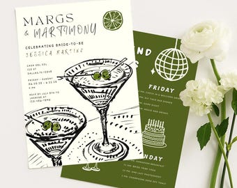 Margs and Matrimony Uitnodiging vrijgezellenfeest route, Margarita-thema, bewerkbare sjabloon, weekendtrip meisjes, Margaritas Matrimony