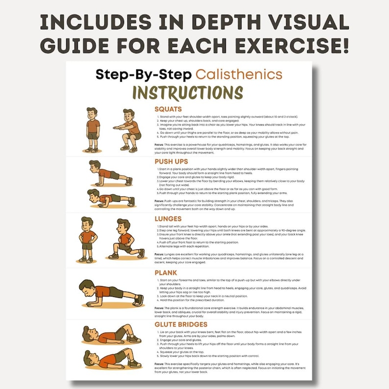 May include: A white instructional guide with the title "Step-By-Step Calisthenics Instructions". The guide includes illustrations and instructions for squats, push-ups, lunges, planks, and glute bridges. Text includes "Includes in depth visual guide for each exercise!"