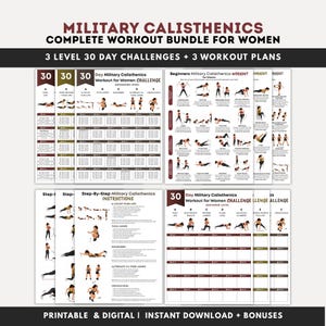 Könnte beinhalten: Ein Bundle druckbarer Trainingspläne für Frauen, mit militärischen Calisthenics-Übungen. Das Design umfasst 30-Tage-Challenges und verschiedene Trainingslevel. Der Text enthält "Military Calisthenics" und "Workout for Women Challenge".