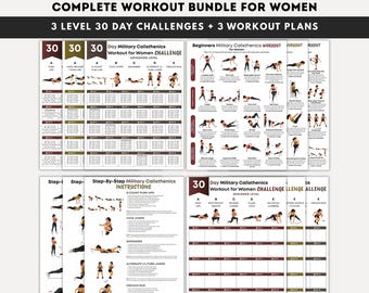 Paquete completo de entrenamiento de calistenia militar para mujeres en PDF, desafíos de 30 días y planes de entrenamiento de 3 niveles, entrenamiento de fuerza tipo bootcamp para todo el cuerpo.