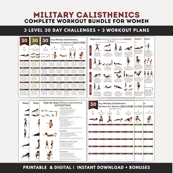 Complete Military Calisthenics Workout Bundle for Women PDF, 30 Day Challenges & 3 Level Workout Plans, Full Body Bootcamp Strength Training