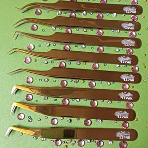 Gold Eyelash Extension Tweezers Set: Crystal Accent Lash Artist Tools