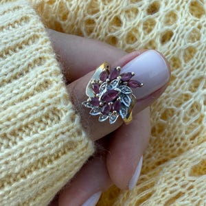 Vintage 10K Gold Ruby Cluster Ring Size 5.5 – Floral Design – THL – Diamond-Like Accents – Solid Gold Statement Ring – 3.73g