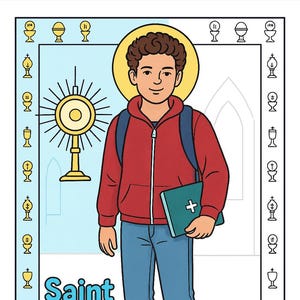 Könnte beinhalten: Illustration von Saint Carlo Acutis, einem jungen Mann mit Heiligenschein, der einen roten Kapuzenpullover, blaue Jeans und weiße Turnschuhe trägt. Er hält ein Buch mit einem Kreuz. Das Bild enthält religiöse Symbole und den Text "Saint Carlo Acutis".