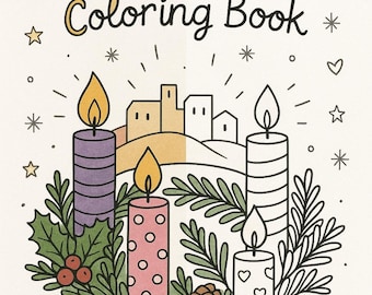 Puede incluir: Portada del libro para colorear de Adviento con una ilustración festiva. El diseño presenta cuatro velas encendidas, una piña y vegetación, con la palabra "ADVENT" en rojo y las palabras "Coloring Book" en amarillo.