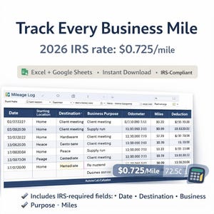 May include: Image of a mileage log with the text "Track Every Business Mile." The spreadsheet shows columns for date, location, destination, purpose, odometer, miles, and deduction. The image also includes the 2026 IRS rate of $0.725 per mile.