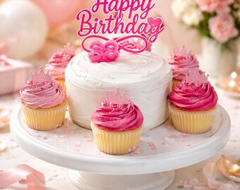 Happy Birthday Cake Topper.  Age and princess cupcake toppers. Acrylic cake topper
